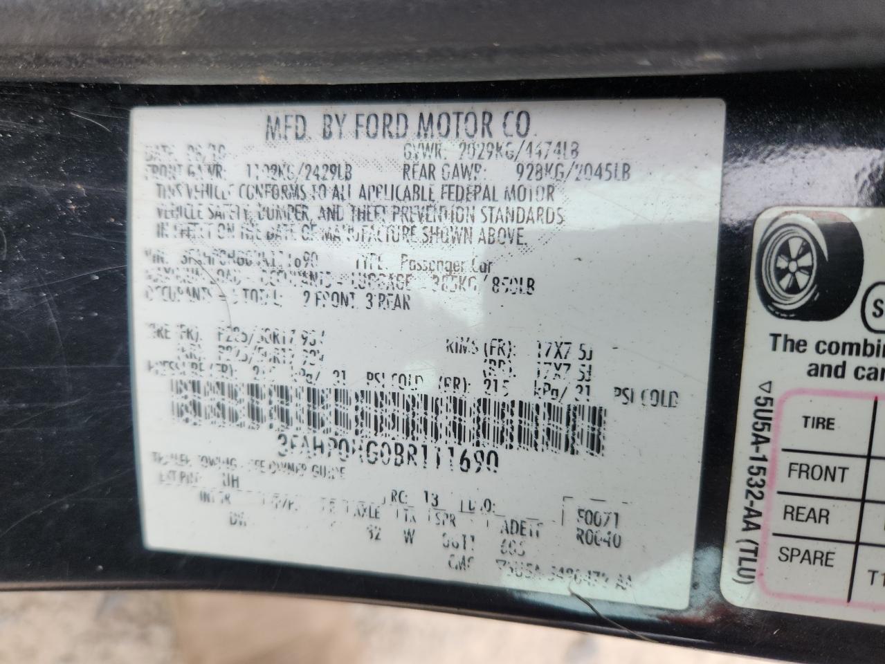 2011 Ford Fusion Se VIN: 3FAHP0HG0BR111690 Lot: 72004105