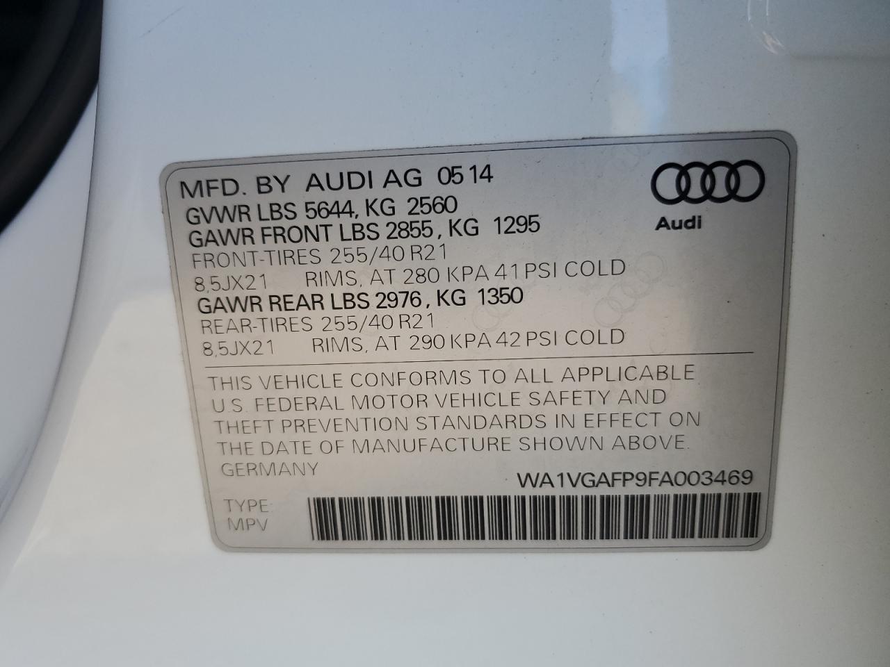 2015 Audi Sq5 Prestige VIN: WA1VGAFP9FA003469 Lot: 65909315