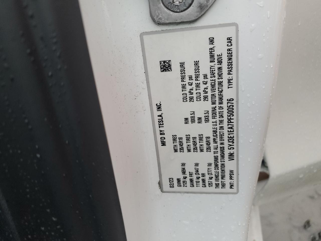 2023 Tesla Model 3 VIN: 5YJ3E1EA7PF500576 Lot: 71969605
