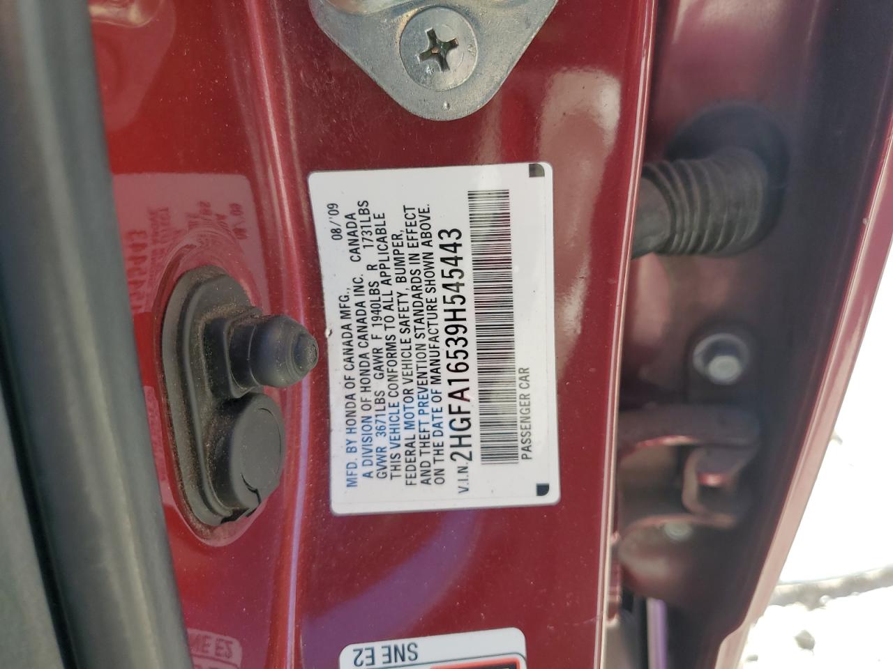 2009 Honda Civic Lx VIN: 2HGFA16539H545443 Lot: 80878975