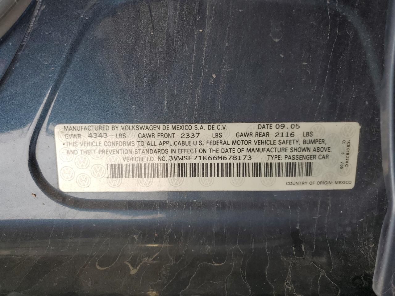 2006 Volkswagen Jetta 2.5 Option Package 1 VIN: 3VWSF71K66M678173 Lot: 80466125