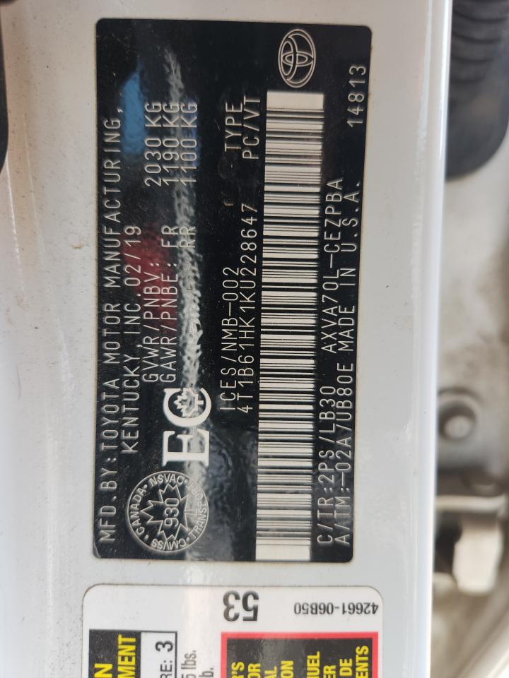 2019 Toyota Camry Xse VIN: 4T1B61HK1KU228647 Lot: 81409025