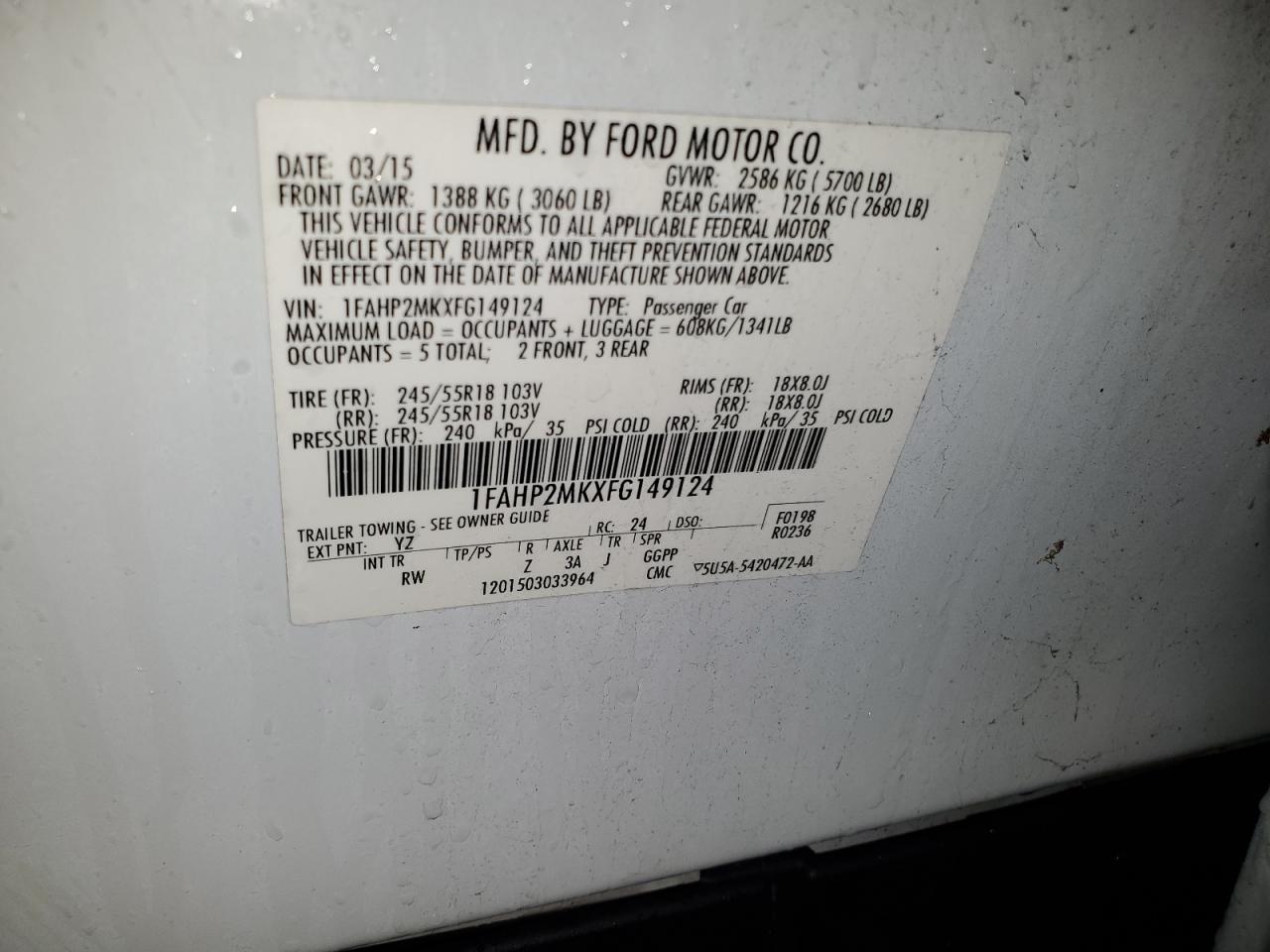 2015 Ford Taurus Police Interceptor VIN: 1FAHP2MKXFG149124 Lot: 84363555