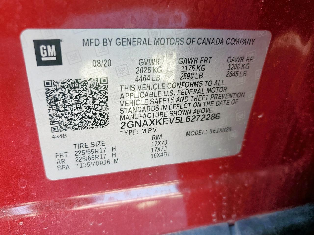 2020 Chevrolet Equinox Lt VIN: 2GNAXKEV5L6272286 Lot: 84922885