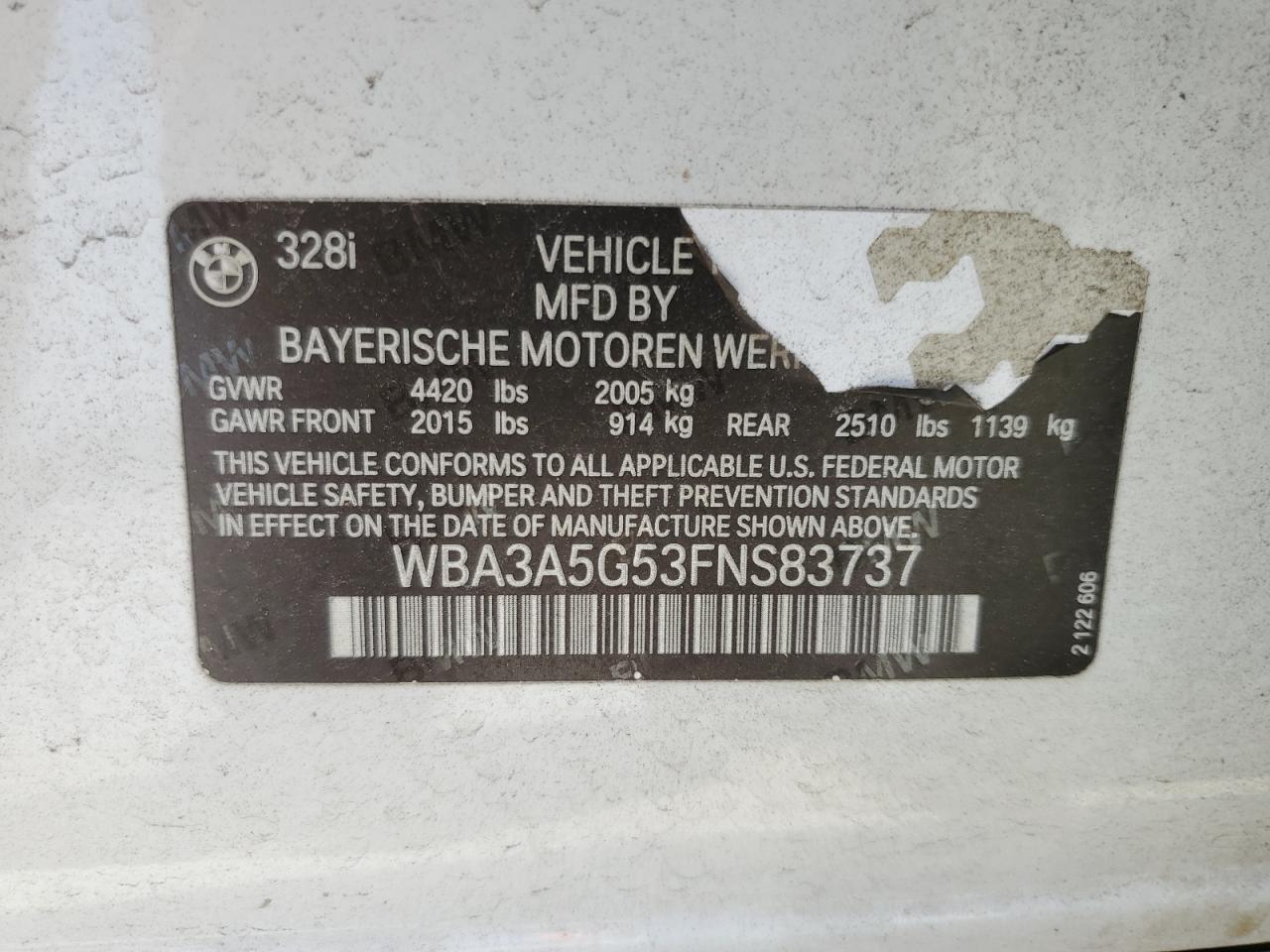 2015 BMW 328 I VIN: WBA3A5G53FNS83737 Lot: 71612235