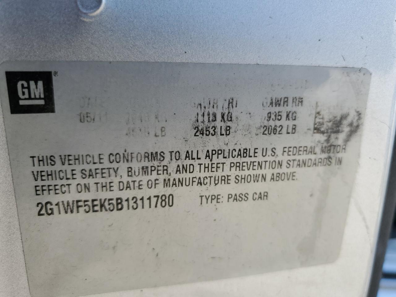 2011 Chevrolet Impala Ls VIN: 2G1WF5EK5B1311780 Lot: 84170595