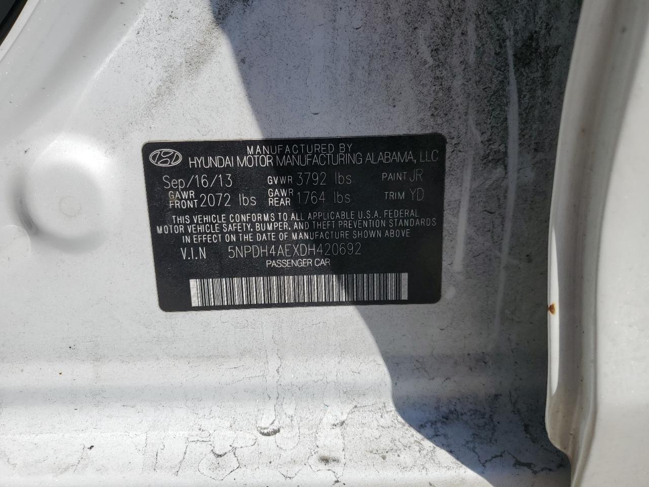 2013 Hyundai Elantra Gls VIN: 5NPDH4AEXDH420692 Lot: 71224045