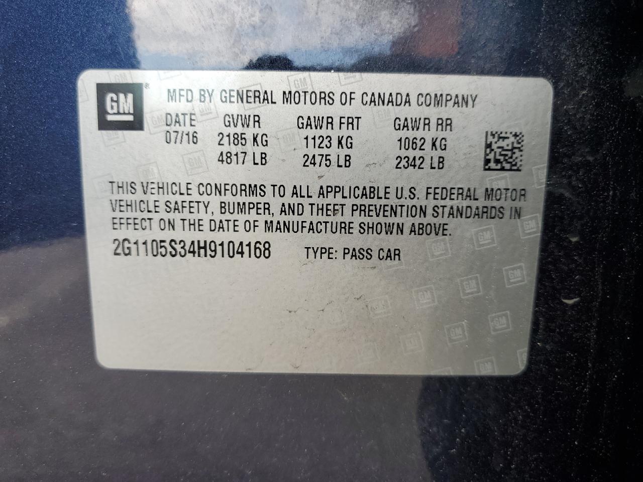 2017 Chevrolet Impala Lt VIN: 2G1105S34H9104168 Lot: 84238735