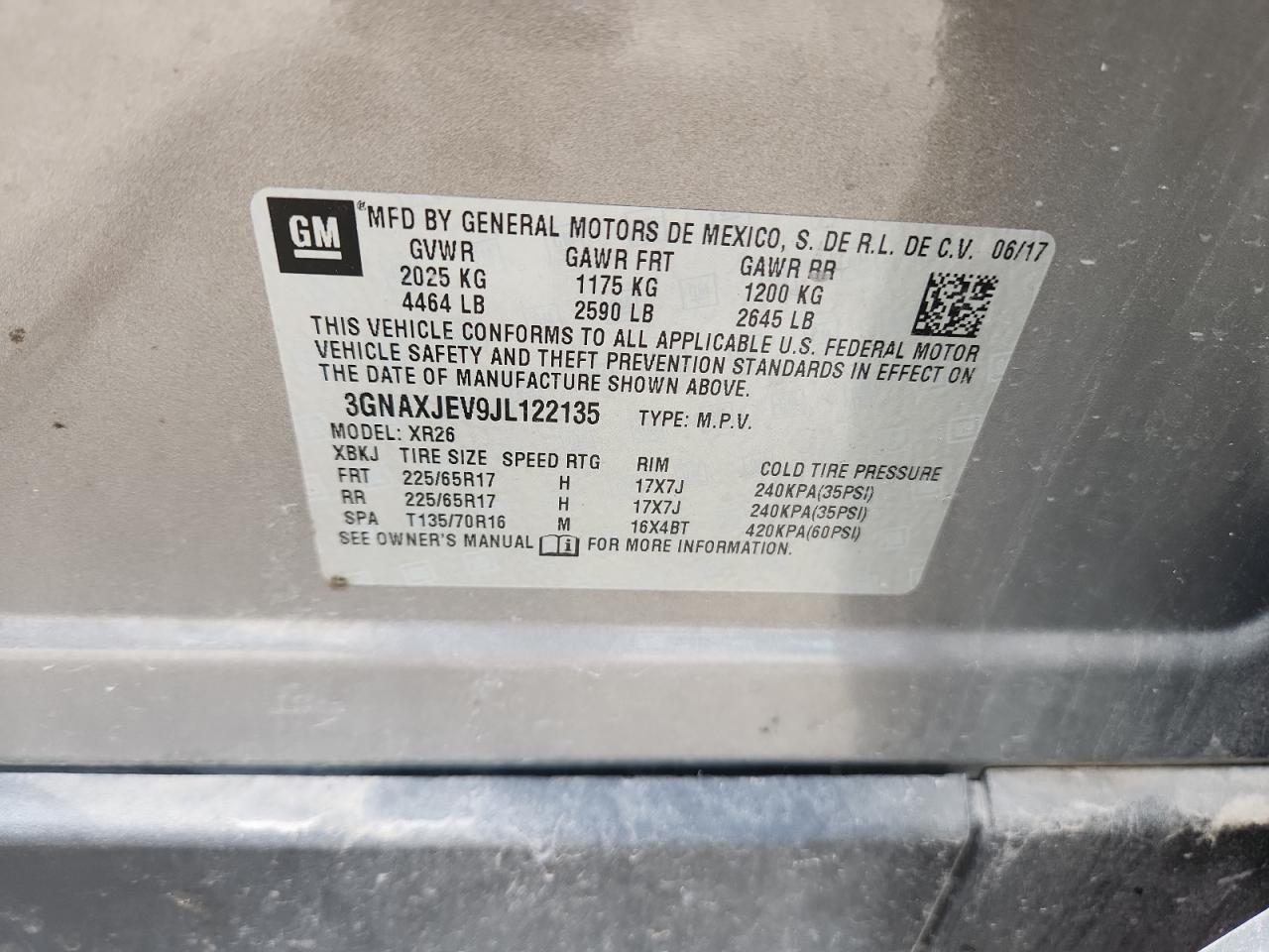 2018 Chevrolet Equinox Lt VIN: 3GNAXJEV9JL122135 Lot: 71666945