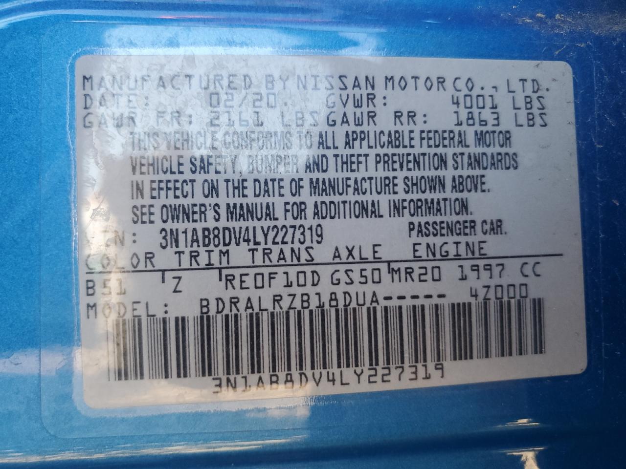 2020 Nissan Sentra Sr VIN: 3N1AB8DV4LY227319 Lot: 71619295