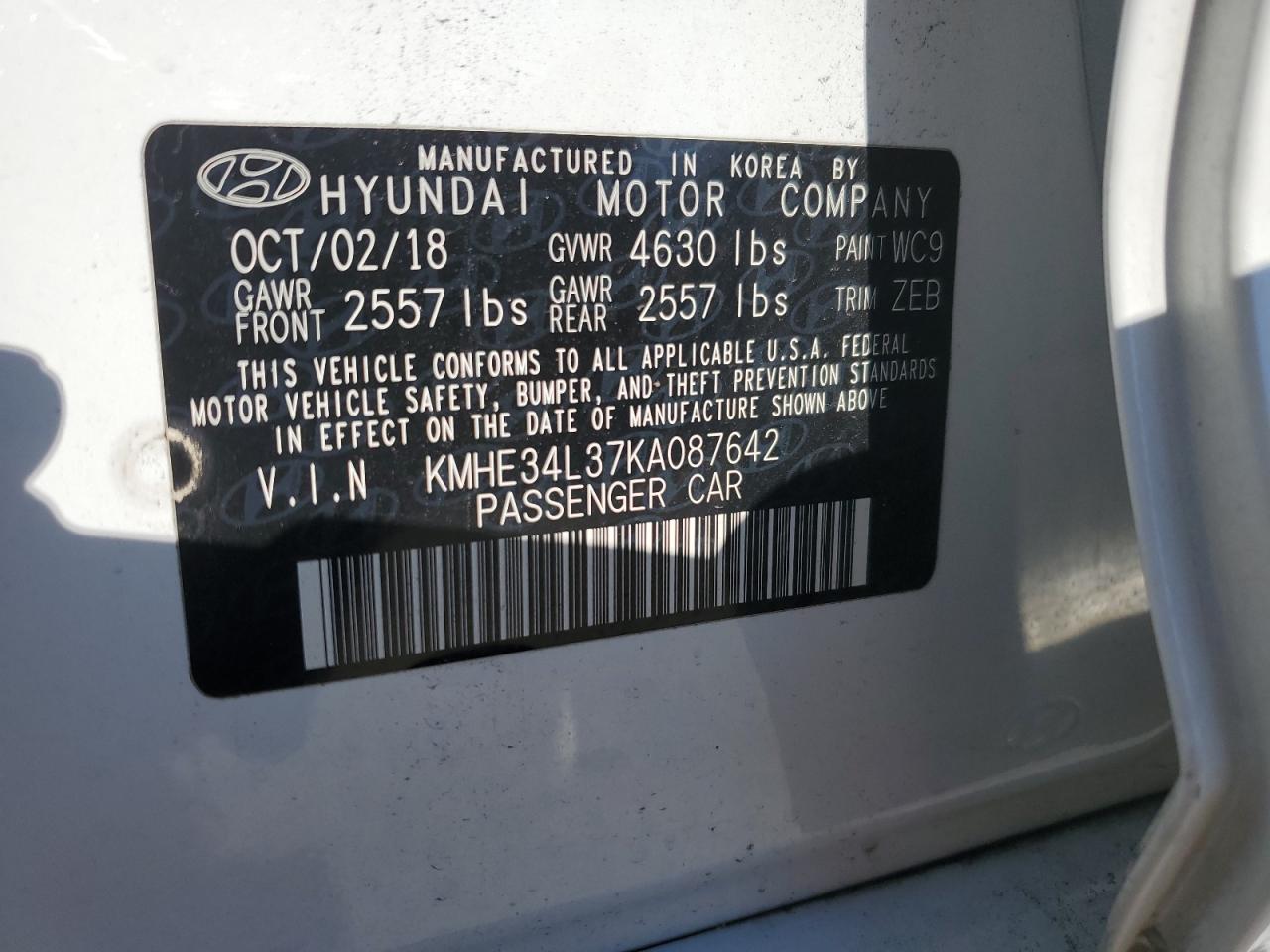 2019 Hyundai Sonata Hybrid VIN: KMHE34L37KA087642 Lot: 80378045