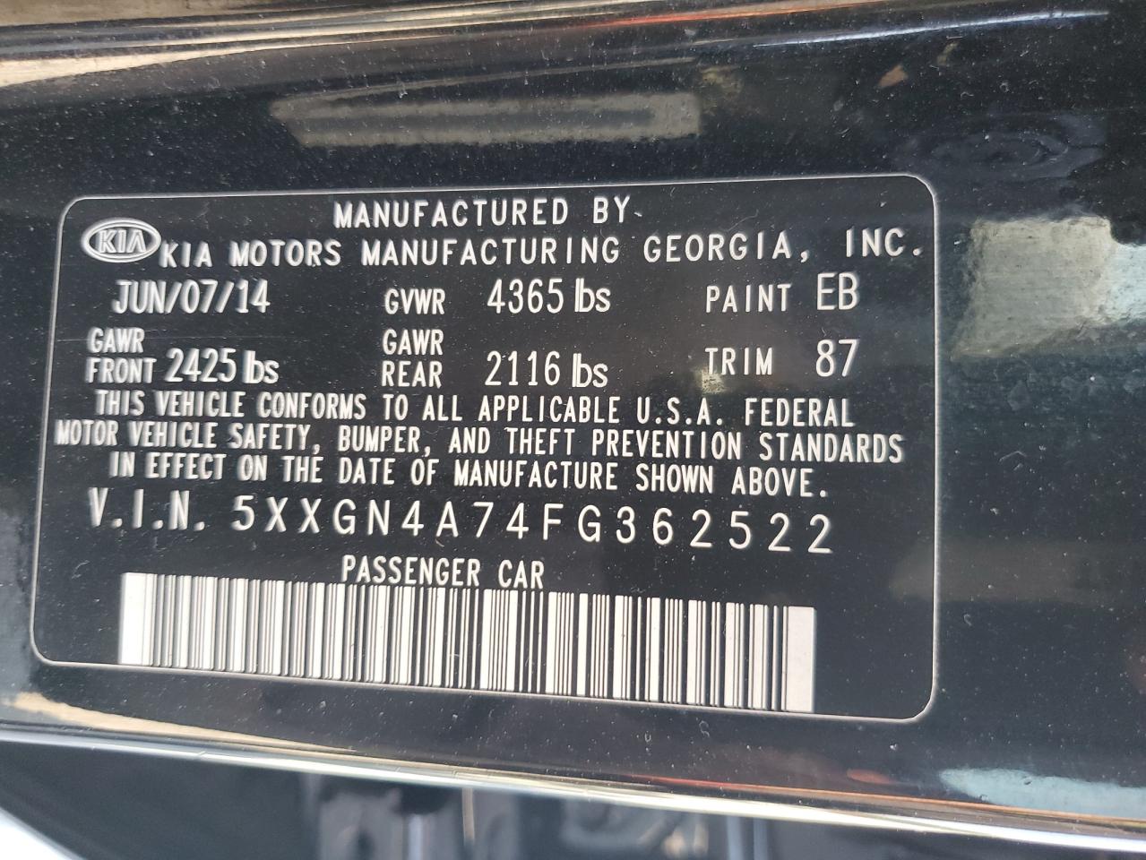 2015 Kia Optima Ex VIN: 5XXGN4A74FG362522 Lot: 80270905