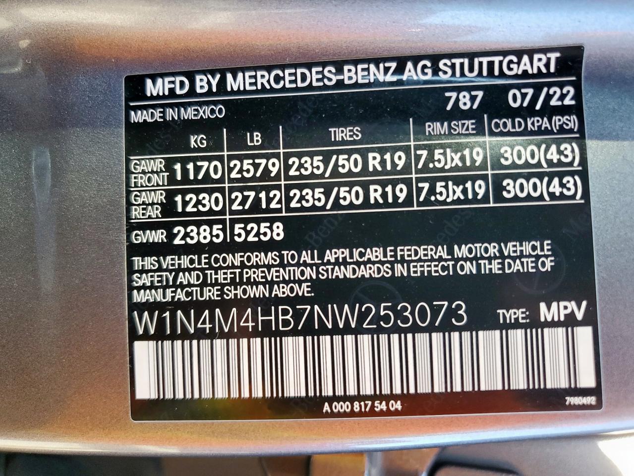 2022 Mercedes-Benz Glb 250 4Matic VIN: W1N4M4HB7NW253073 Lot: 80408475