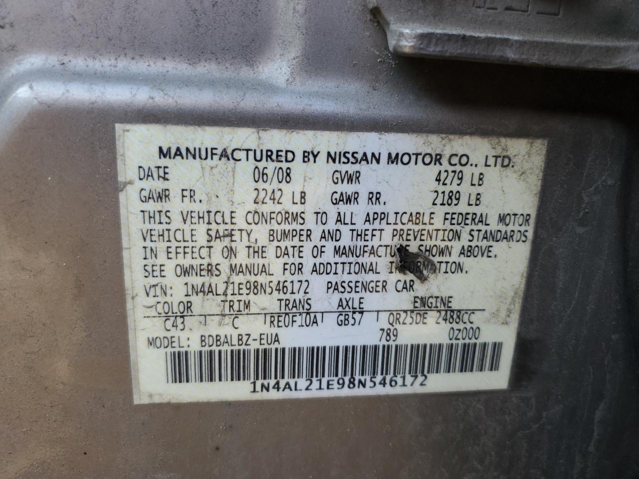 2008 Nissan Altima 2.5 VIN: 1N4AL21E98N546172 Lot: 80492445