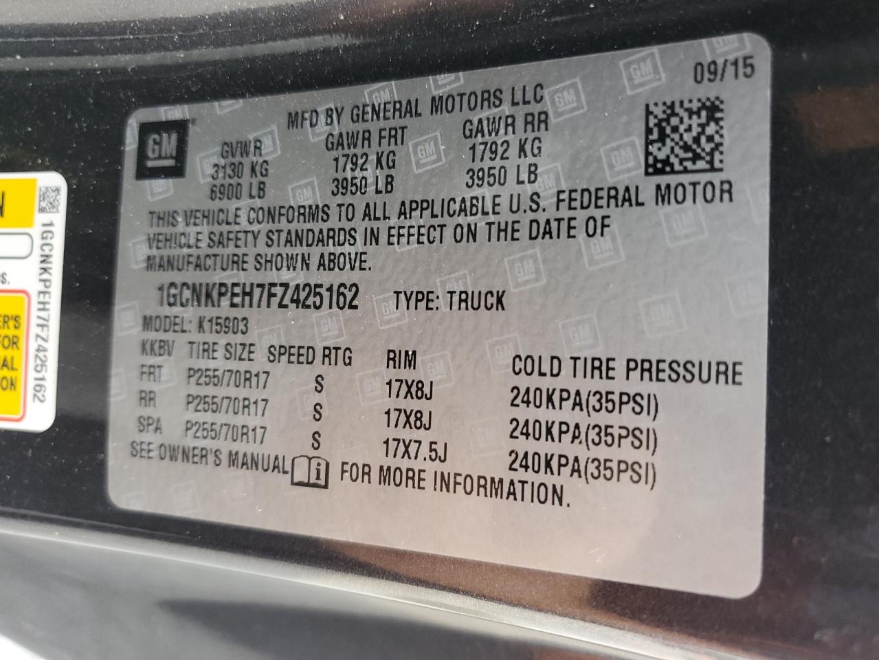 2015 Chevrolet Silverado K1500 VIN: 1GCNKPEH7FZ425162 Lot: 84415785