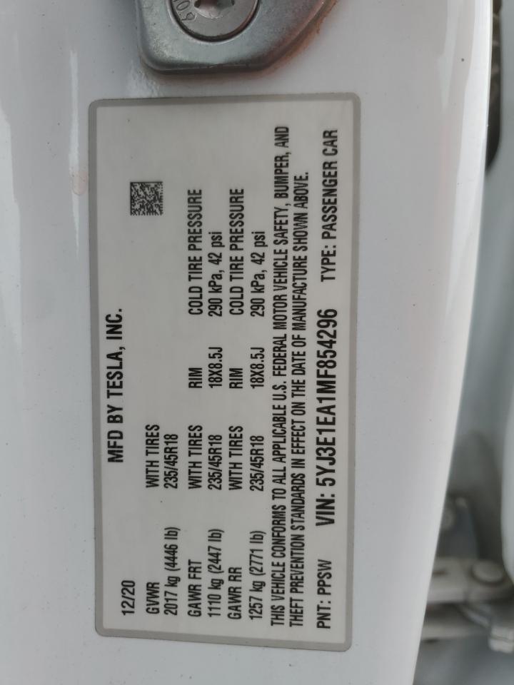 2021 Tesla Model 3 VIN: 5YJ3E1EA1MF854296 Lot: 82061895