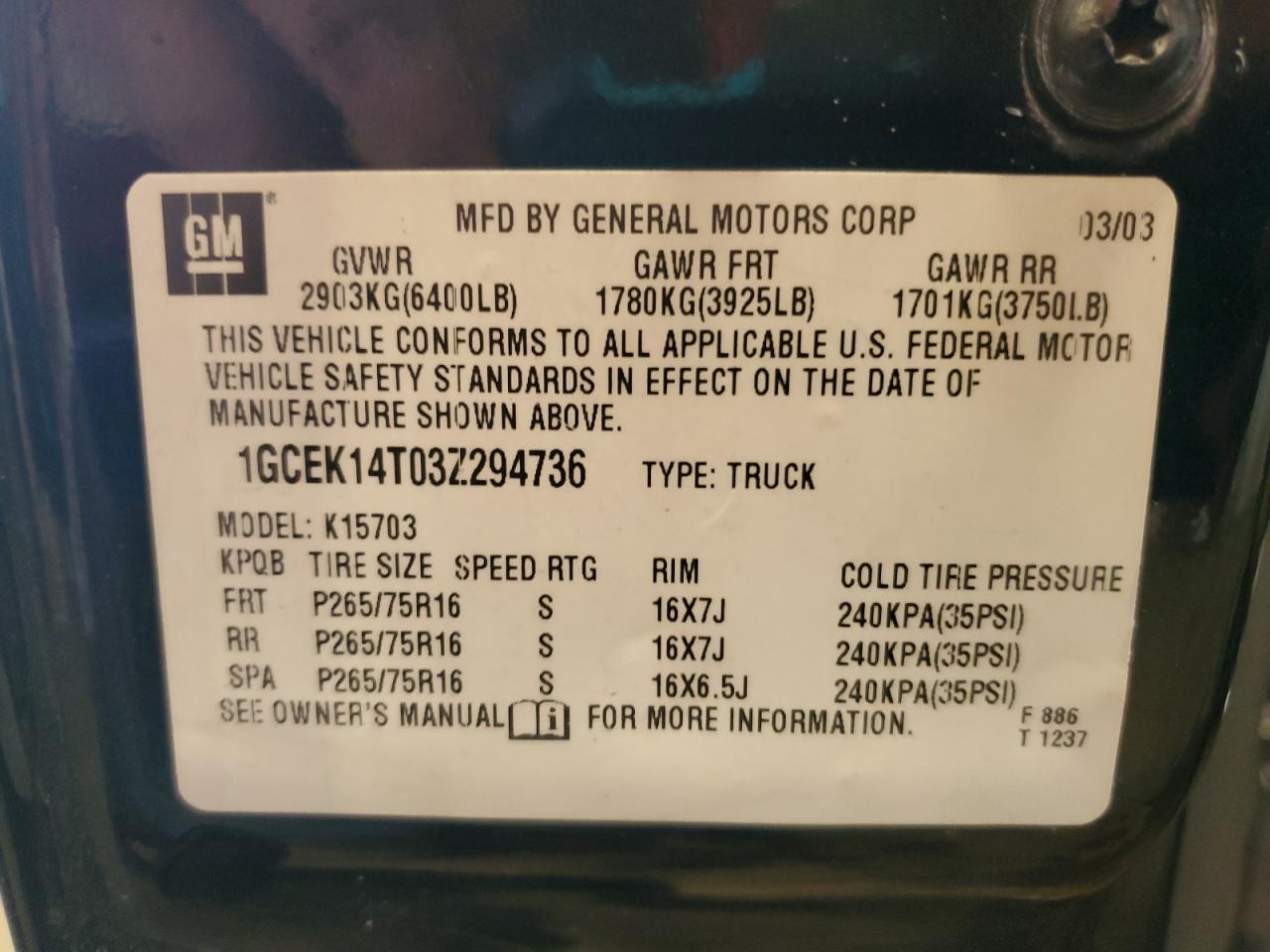 2003 Chevrolet Silverado K1500 VIN: 1GCEK14T03Z294736 Lot: 84880685