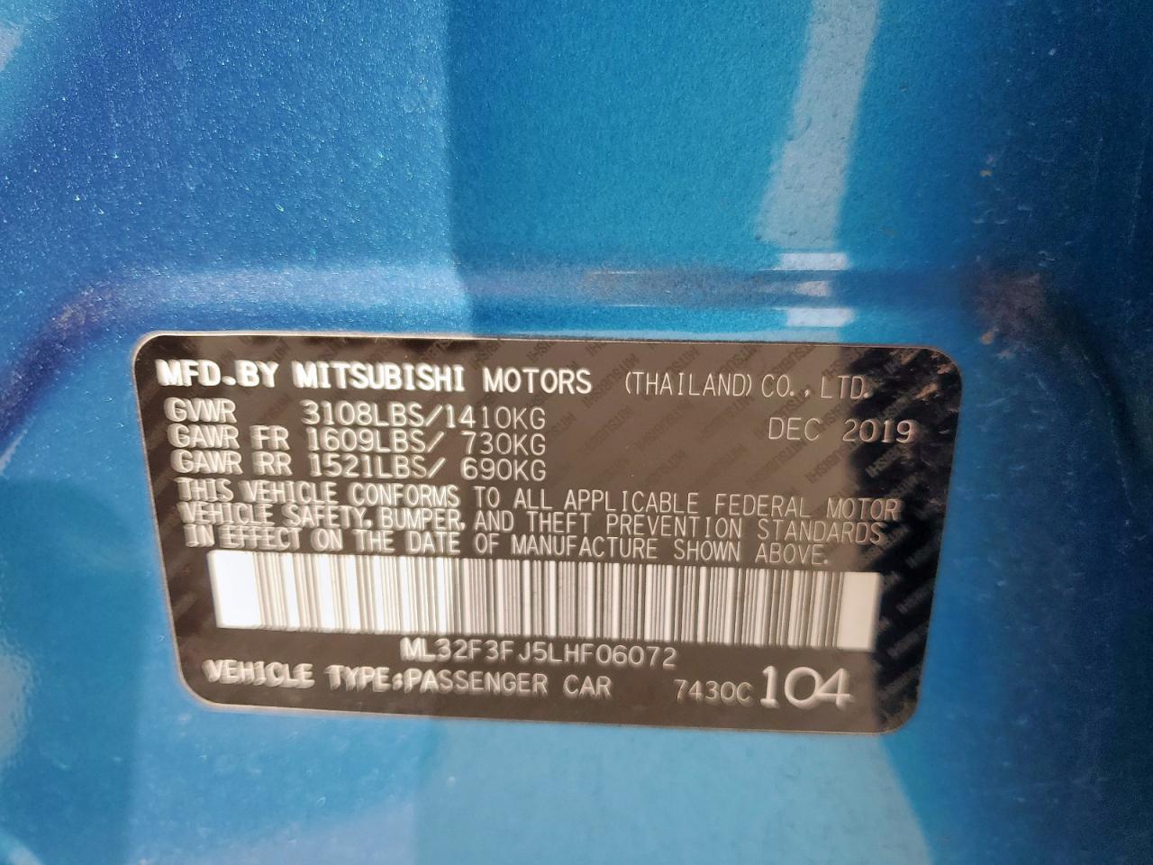 2020 Mitsubishi Mirage G4 Es VIN: ML32F3FJ5LHF06072 Lot: 71727025