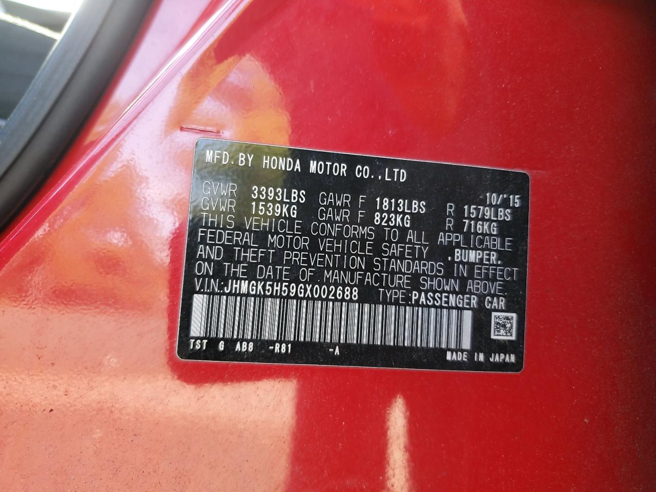 2016 Honda Fit Lx VIN: JHMGK5H59GX002688 Lot: 81651635