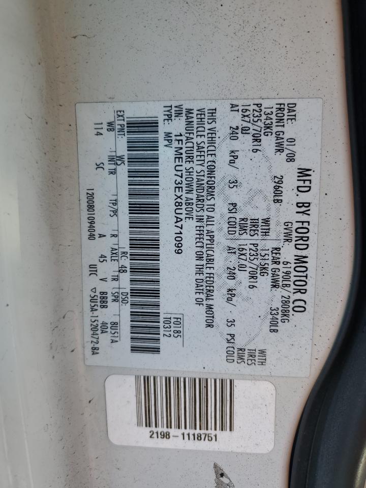 2008 Ford Explorer Xlt VIN: 1FMEU73EX8UA71099 Lot: 80666815