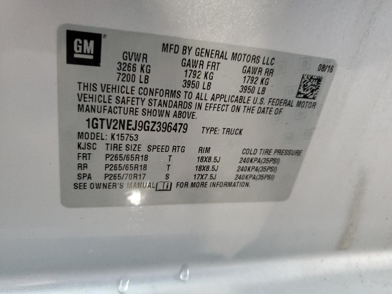 2016 GMC Sierra K1500 Slt VIN: 1GTV2NEJ9GZ396479 Lot: 80835365