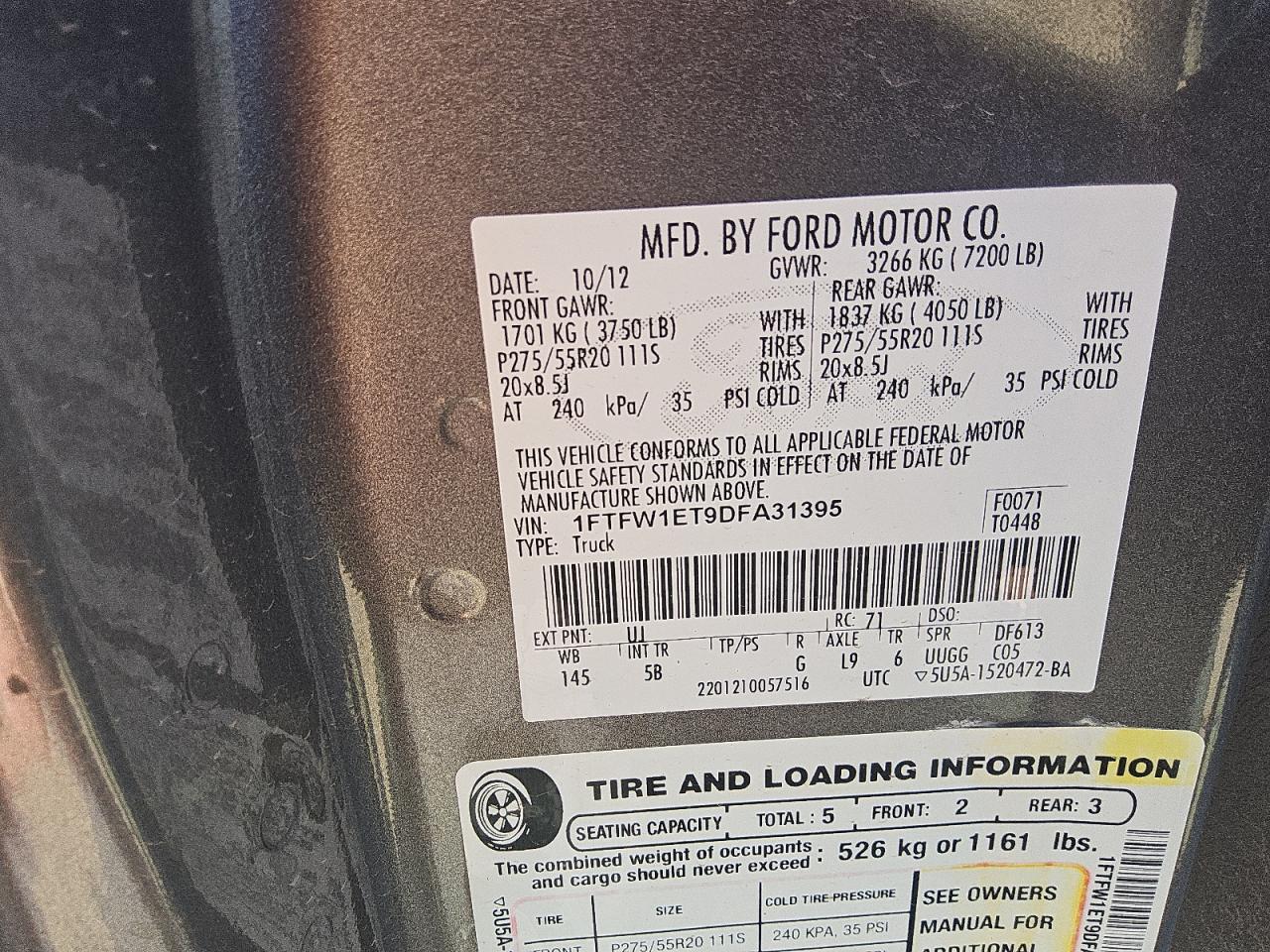 2013 Ford F150 Supercrew VIN: 1FTFW1ET9DFA31395 Lot: 82166425