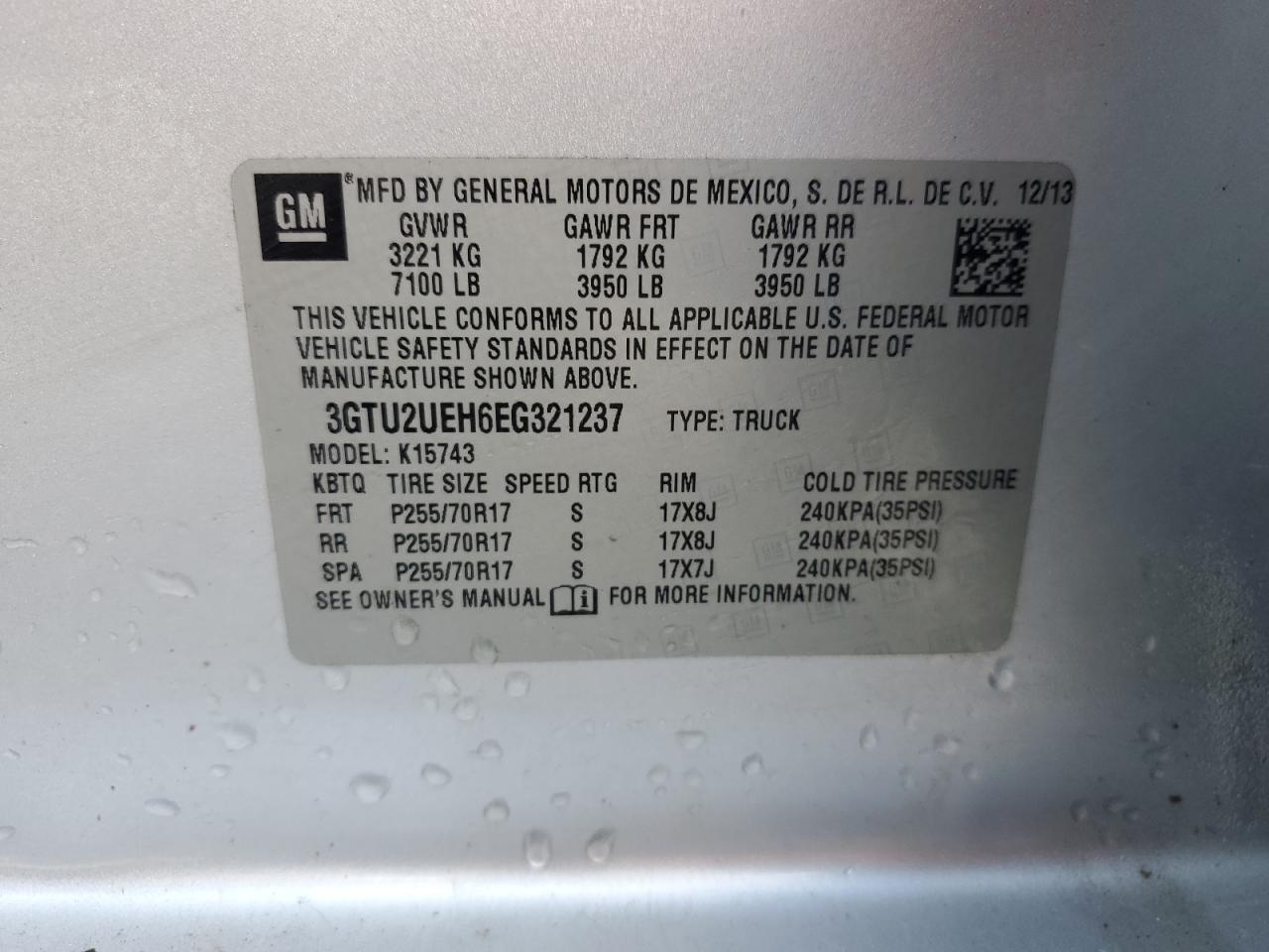 2014 GMC Sierra K1500 Sle VIN: 3GTU2UEH6EG321237 Lot: 71875655