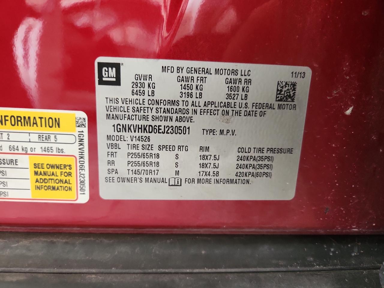 2014 Chevrolet Traverse Lt VIN: 1GNKVHKD6EJ230501 Lot: 81518165