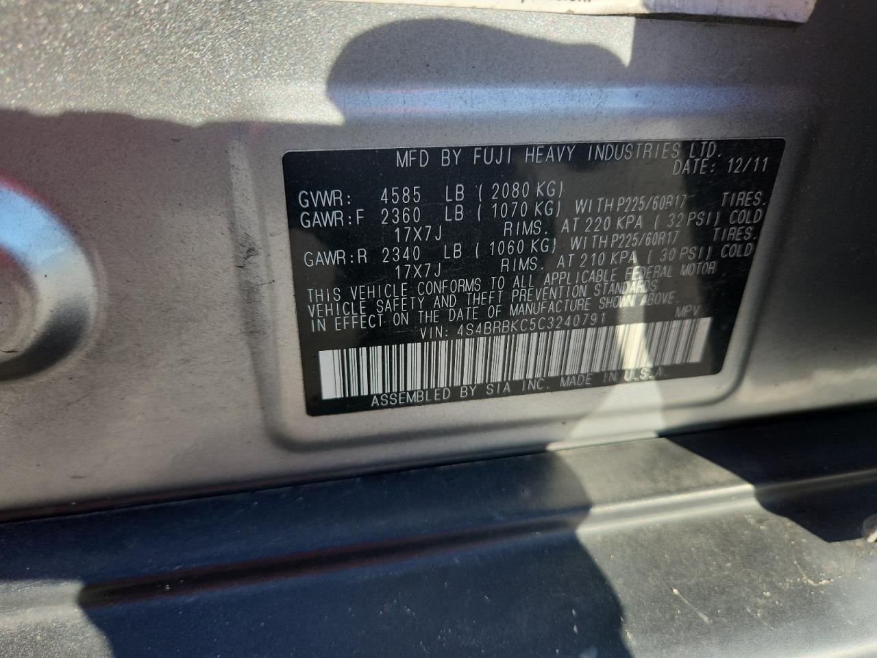 2012 Subaru Outback 2.5I Limited VIN: 4S4BRBKC5C3240791 Lot: 83888255