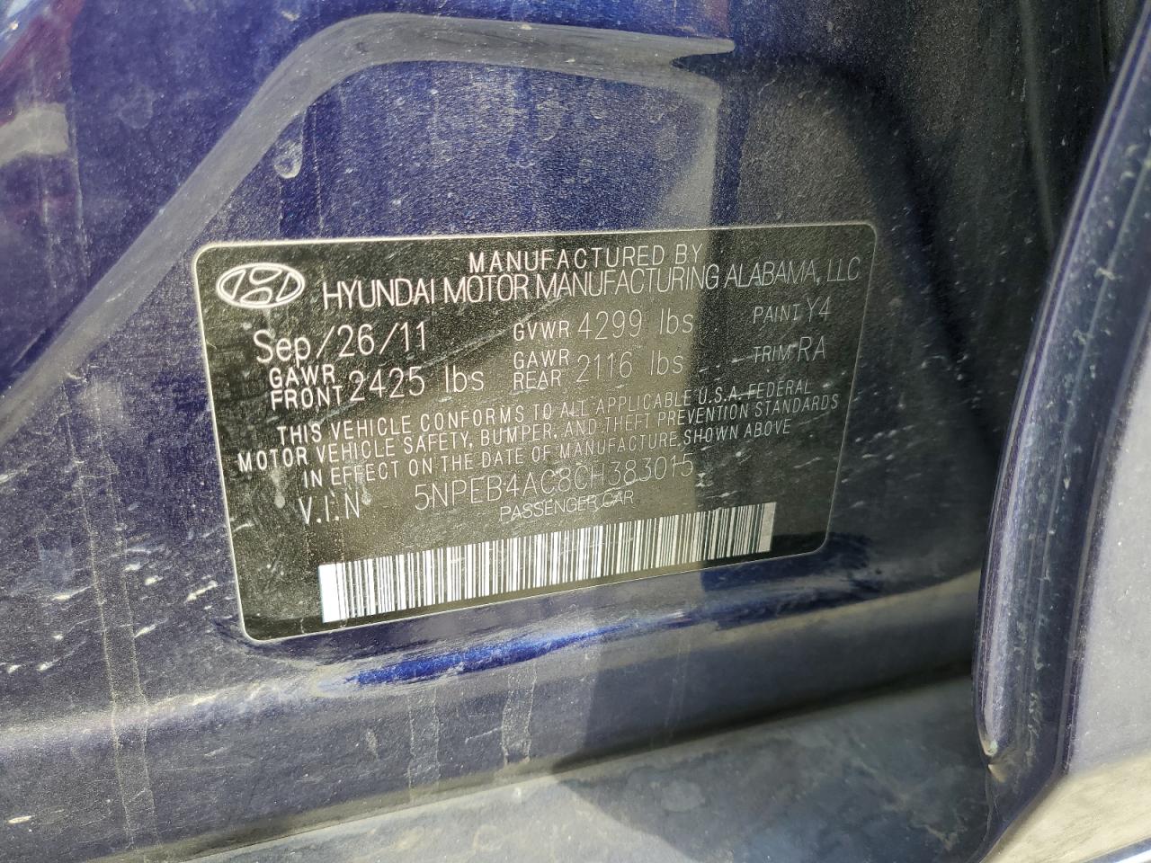 2012 Hyundai Sonata Gls VIN: 5NPEB4AC8CH383015 Lot: 81460785