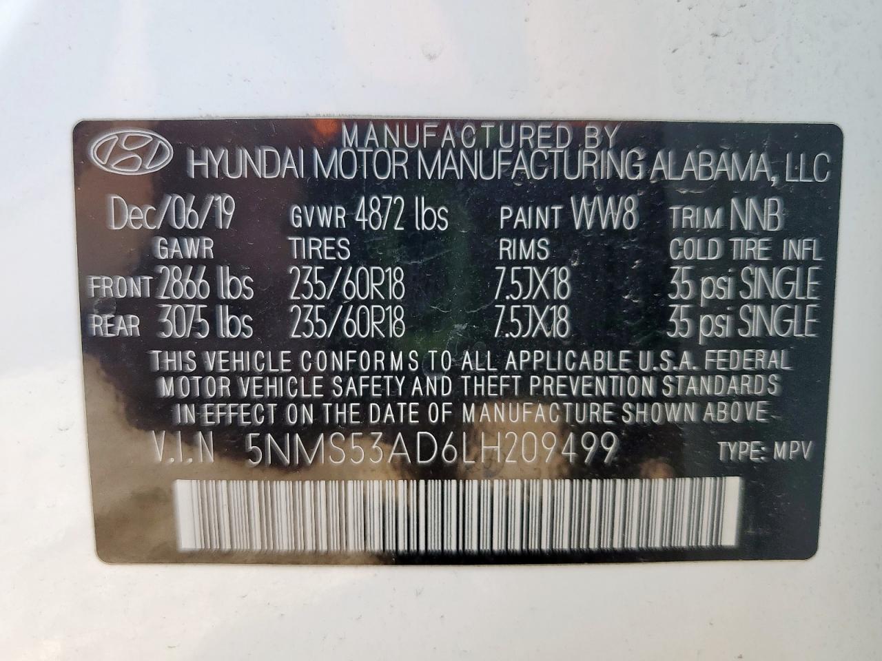 2020 Hyundai Santa Fe Limited VIN: 5NMS53AD6LH209499 Lot: 71112505