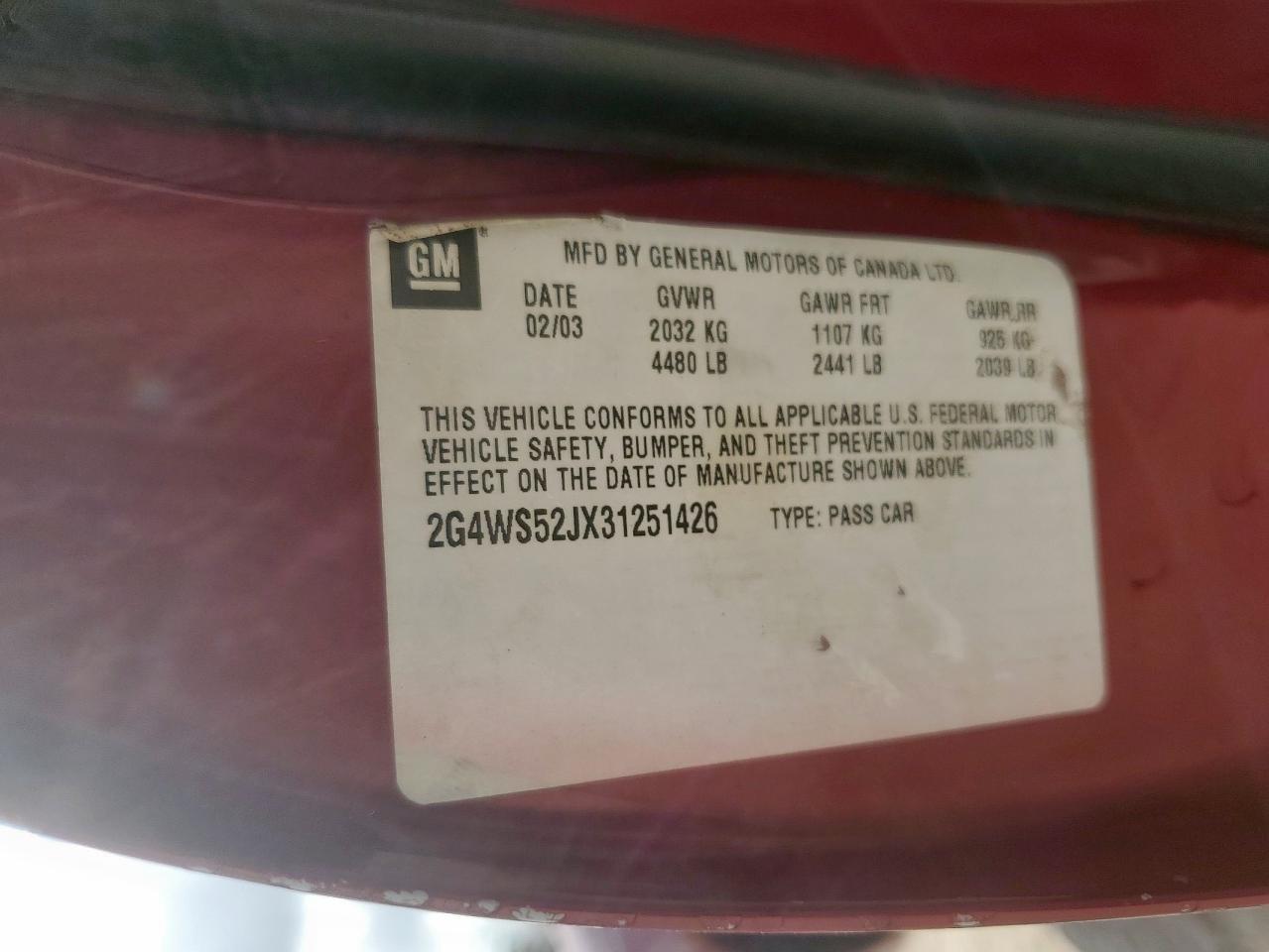 2003 Buick Century Custom VIN: 2G4WS52JX31251426 Lot: 83801815