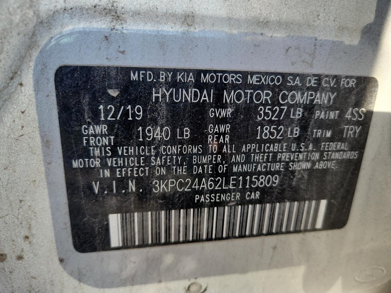 2020 Hyundai Accent Se VIN: 3KPC24A62LE115809 Lot: 84187125
