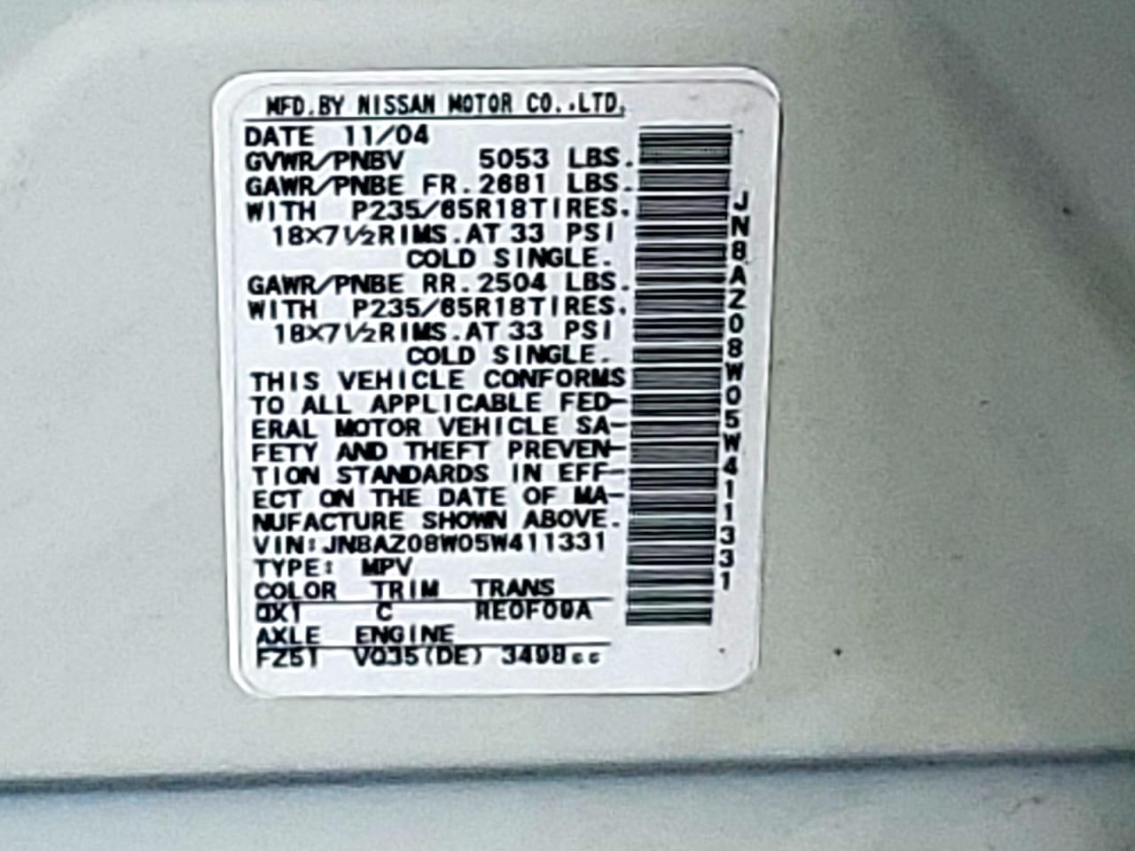 2005 Nissan Murano Sl VIN: JN8AZ08W05W411331 Lot: 81564295