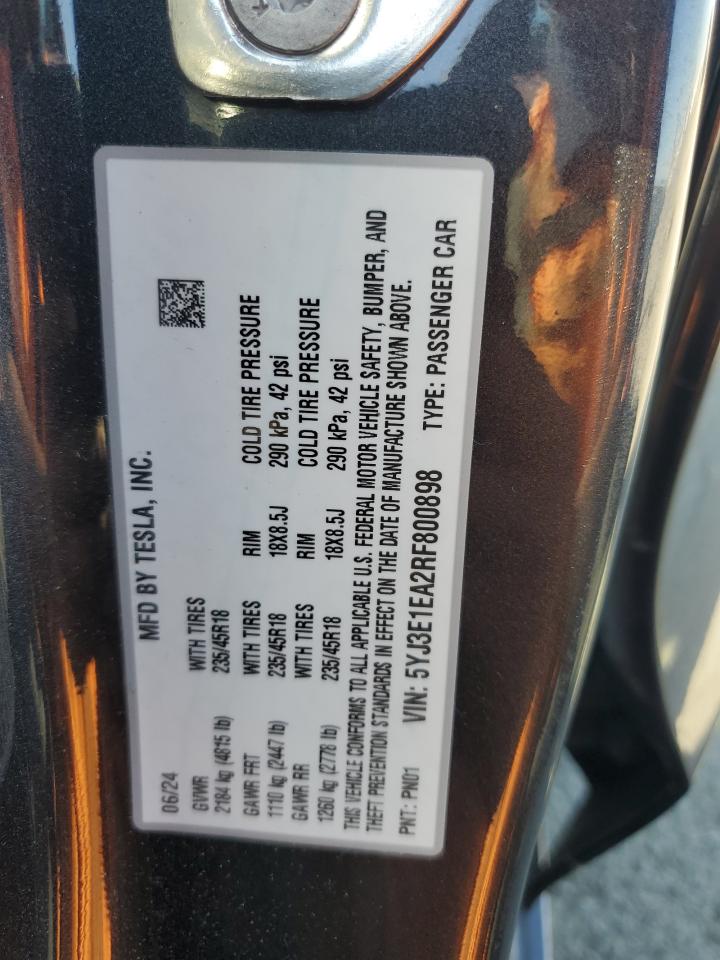 2024 Tesla Model 3 VIN: 5YJ3E1EA2RF800898 Lot: 80857645