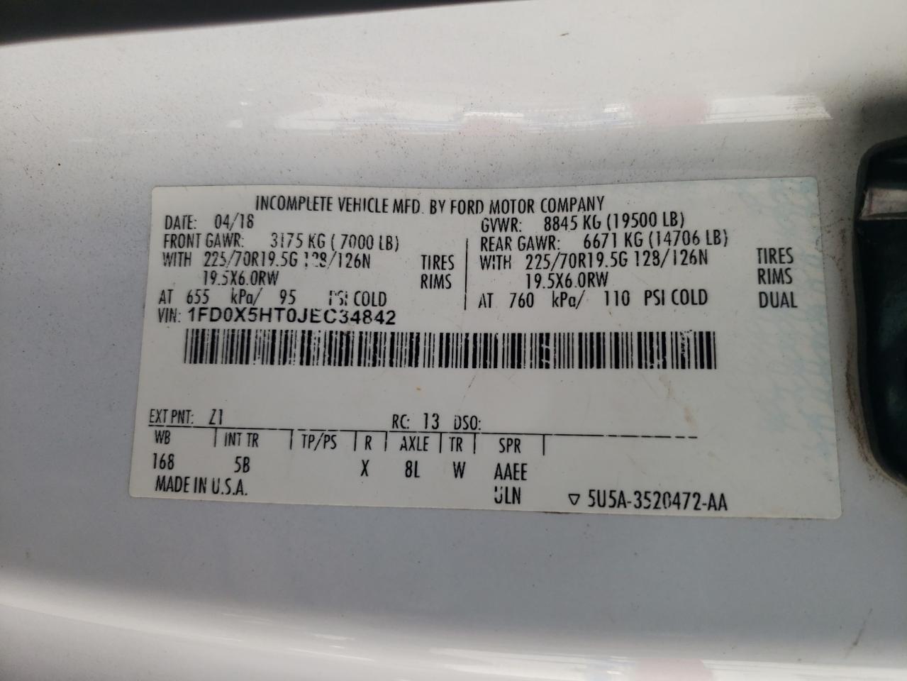 2018 Ford F550 Super Duty VIN: 1FD0X5HT0JEC34842 Lot: 81775735