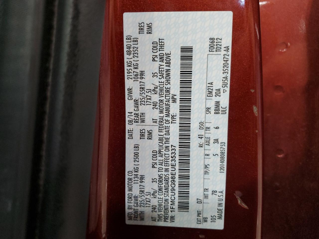 2014 Ford Escape Se VIN: 1FMCU9G98EUE35337 Lot: 84240835