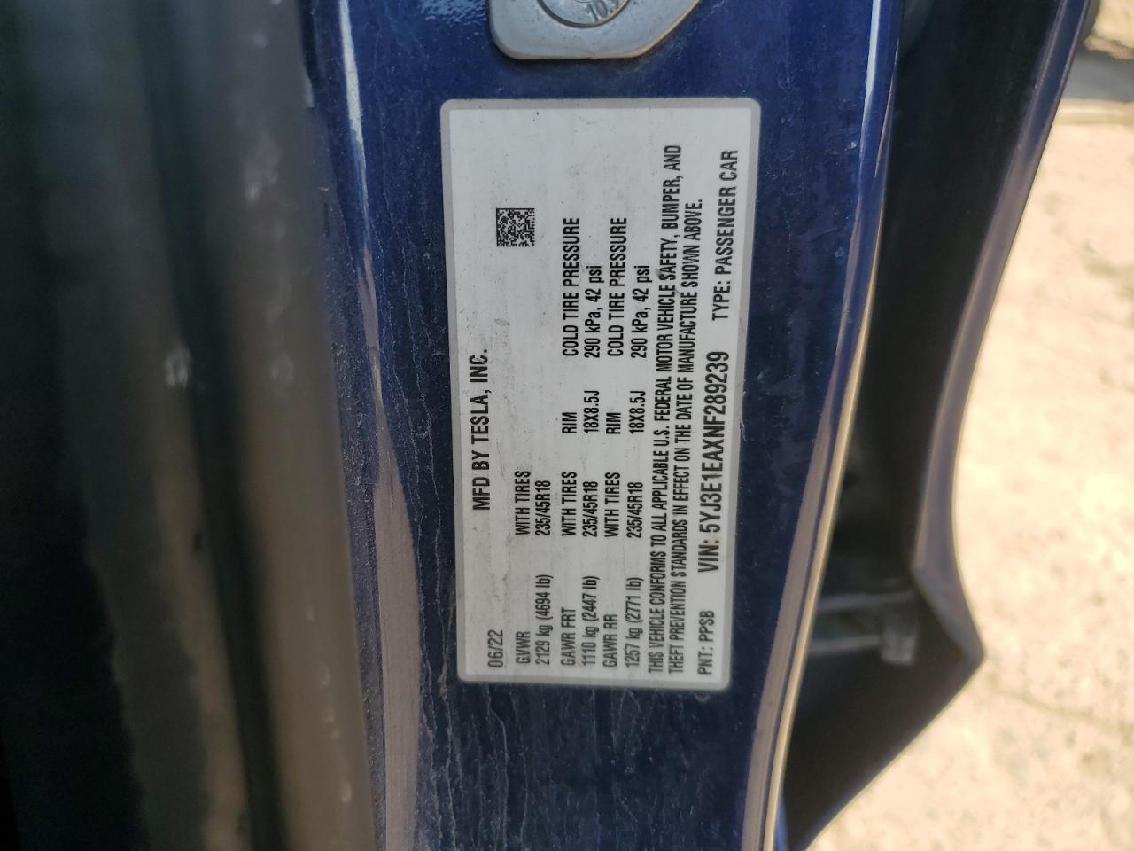 2022 Tesla Model 3 VIN: 5YJ3E1EAXNF289239 Lot: 80865235