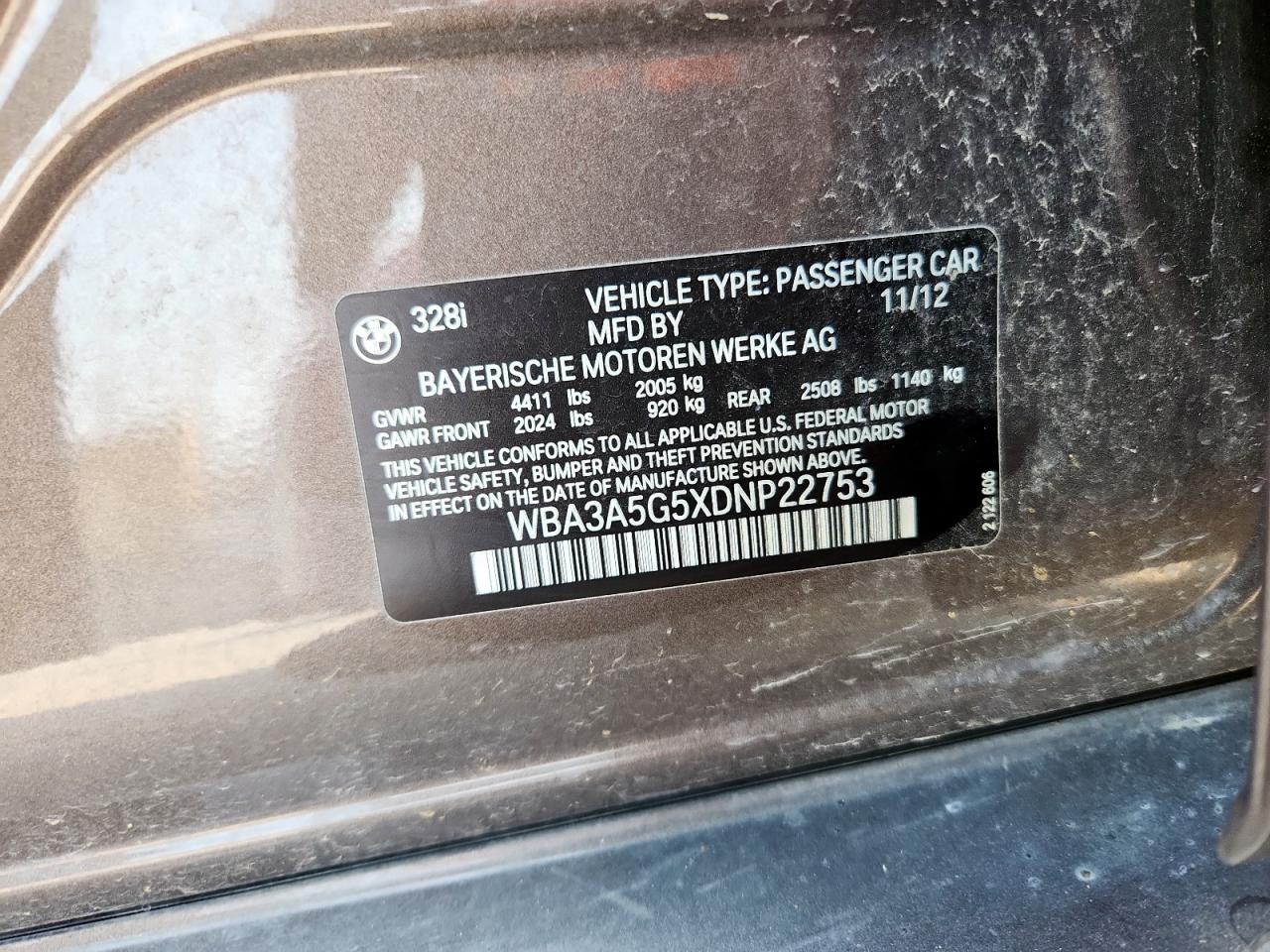 2013 BMW 328 I VIN: WBA3A5G5XDNP22753 Lot: 81159945