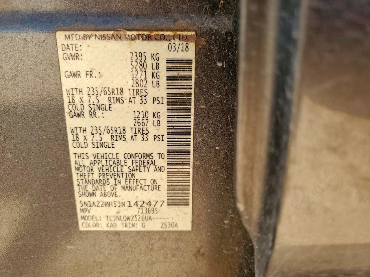 2018 Nissan Murano S VIN: 5N1AZ2MH5JN142477 Lot: 80461335