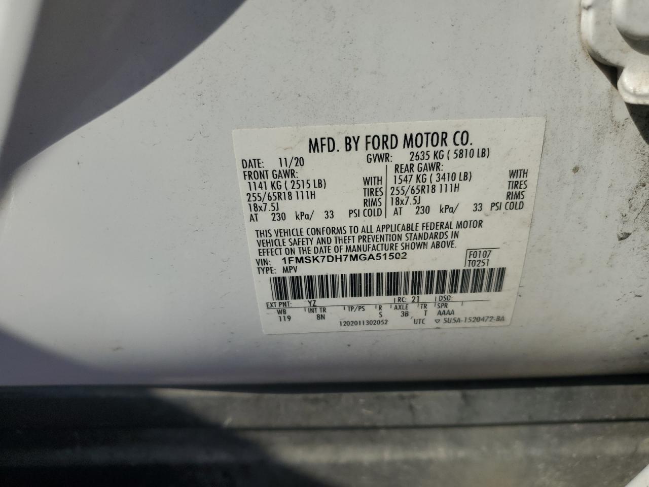 2021 Ford Explorer Xlt VIN: 1FMSK7DH7MGA51502 Lot: 80167315