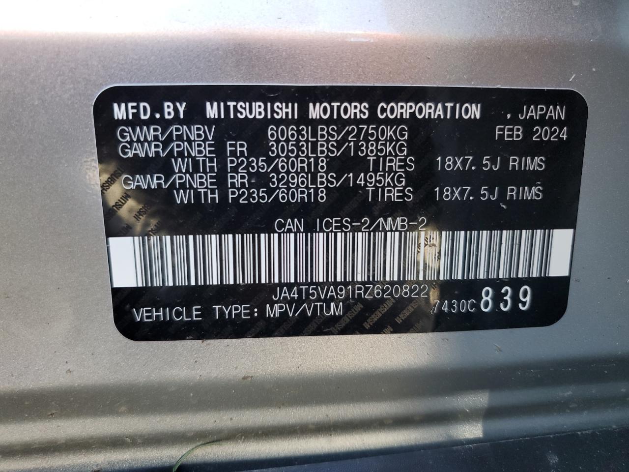 2024 Mitsubishi Outlander Se VIN: JA4T5VA91RZ620822 Lot: 80783595