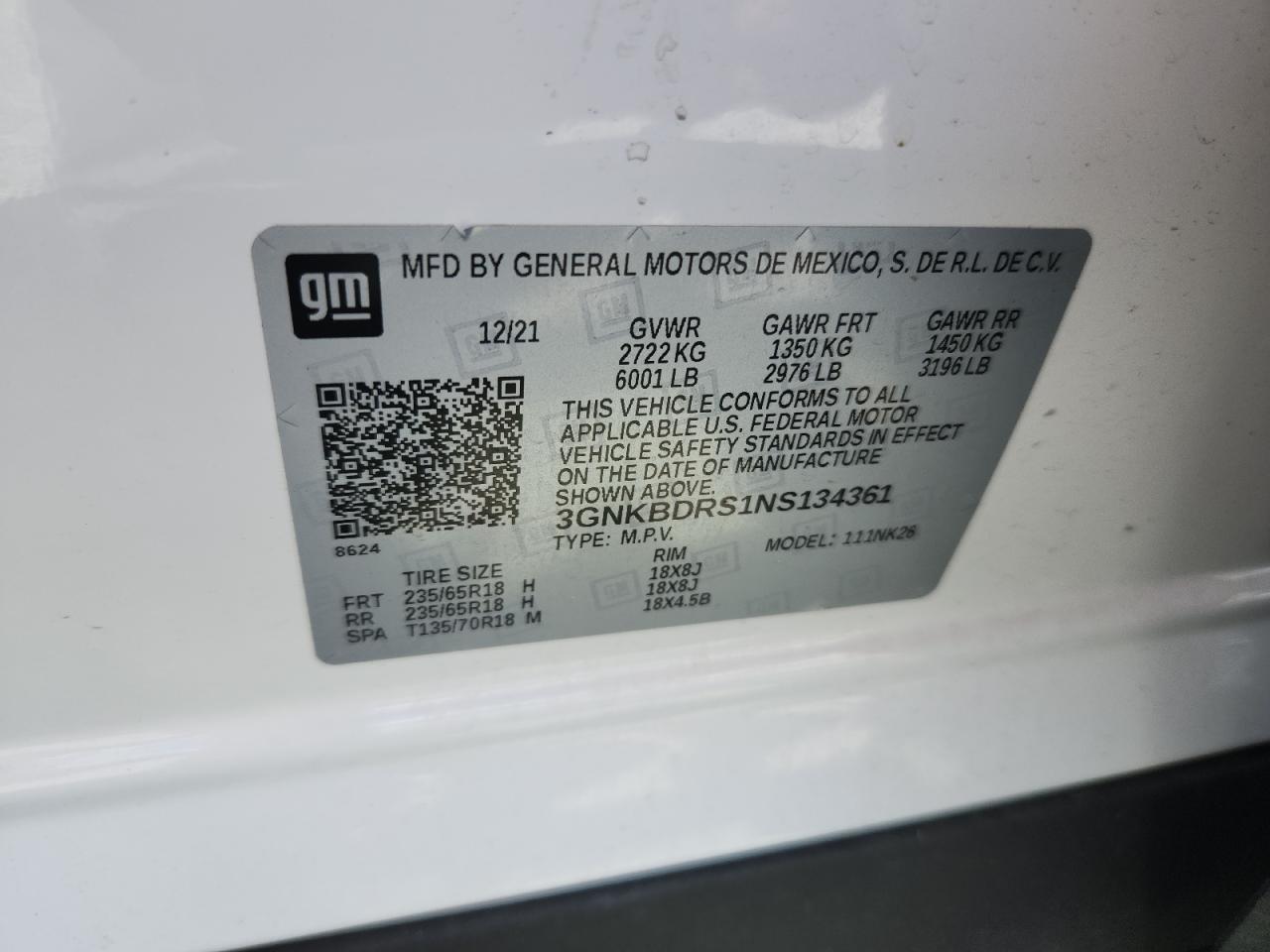 2022 Chevrolet Blazer 3Lt VIN: 3GNKBDRS1NS134361 Lot: 72060565