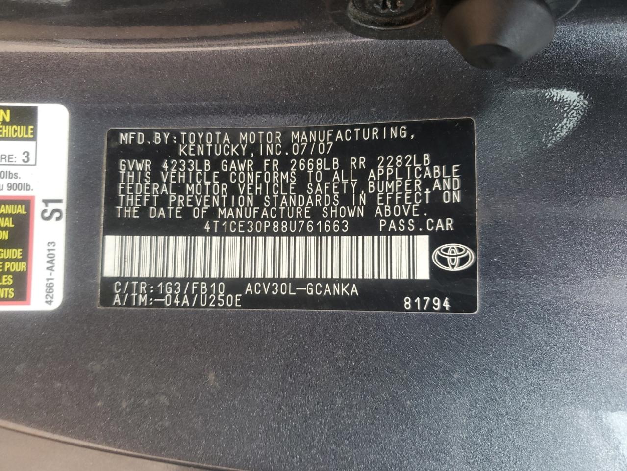 2008 Toyota Camry Solara Se VIN: 4T1CE30P88U761663 Lot: 82118635