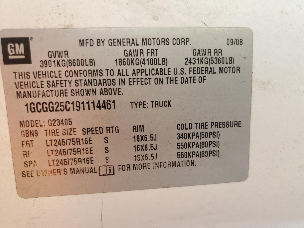 2009 Chevrolet Express G2500 VIN: 1GCGG25C191114461 Lot: 82110855