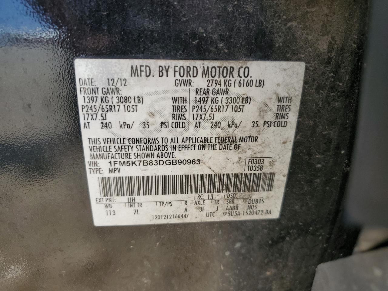 2013 Ford Explorer VIN: 1FM5K7B83DGB90963 Lot: 81812155