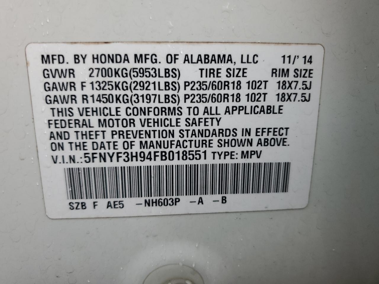 2015 Honda Pilot Touring VIN: 5FNYF3H94FB018551 Lot: 82041355