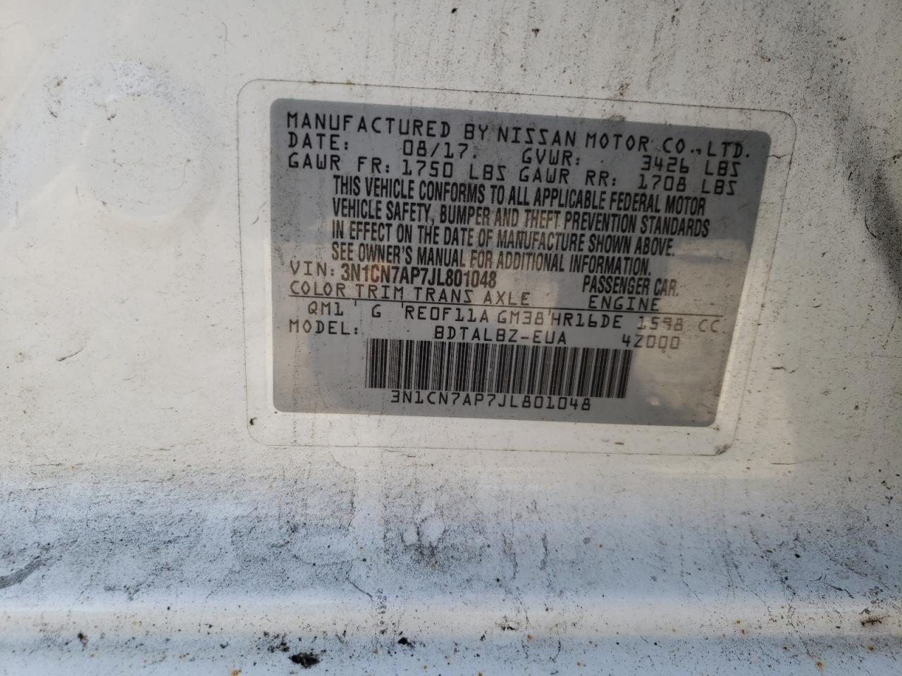 2018 Nissan Versa S VIN: 3N1CN7AP7JL801048 Lot: 80914135