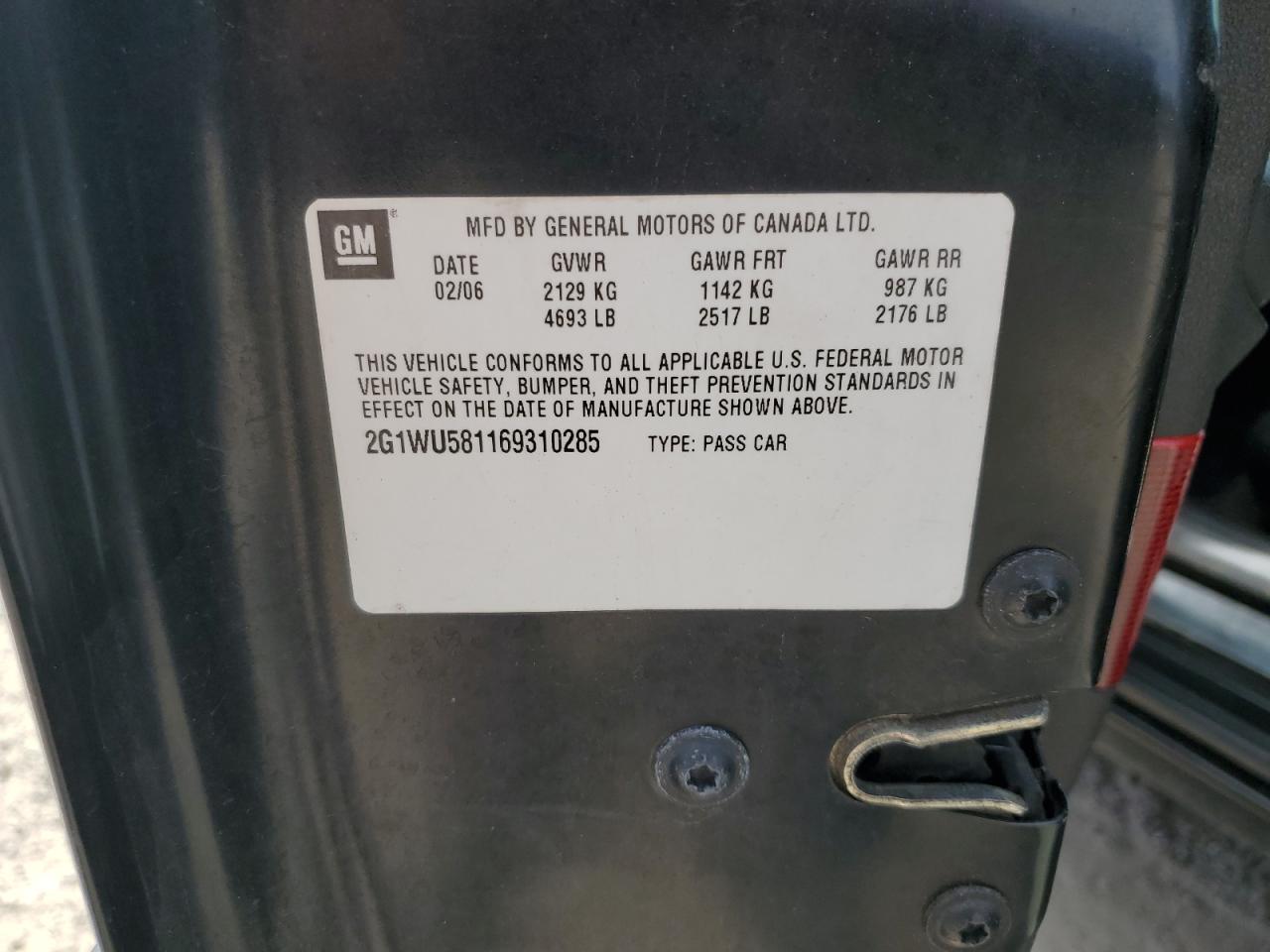 2006 Chevrolet Impala Ltz VIN: 2G1WU581169310285 Lot: 84020755