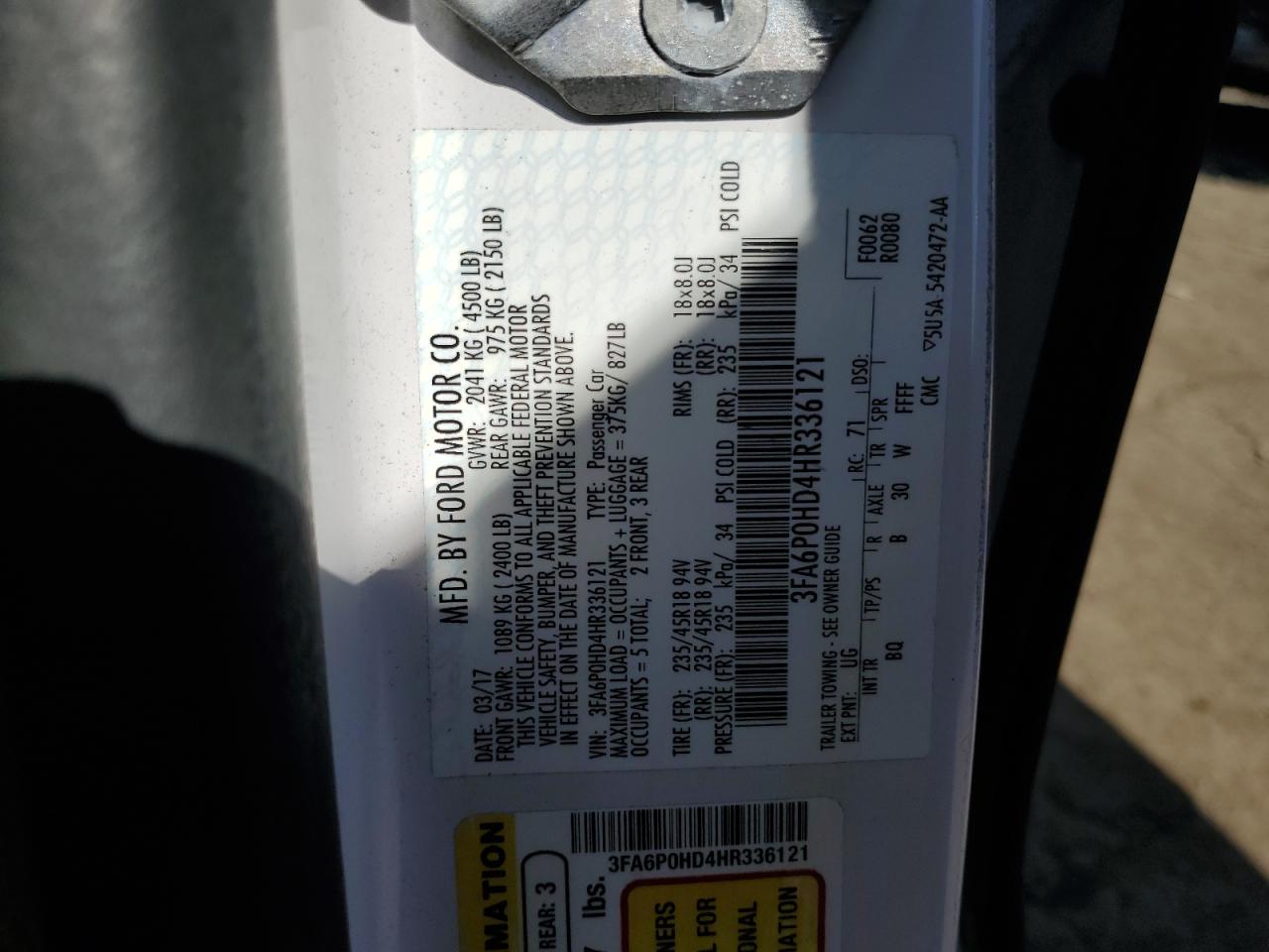 2017 Ford Fusion Se VIN: 3FA6P0HD4HR336121 Lot: 84567715